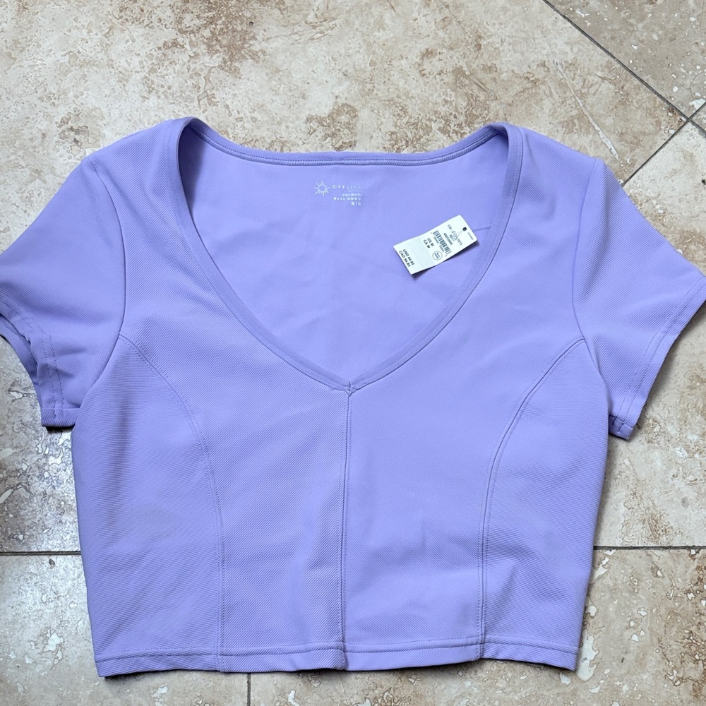 NWT AERIE OFFLINE Lavender V-Neck Crop Top with Built in Bra